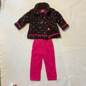 3 pc outfit. Long sleeve shirt with pink corduroy pants and a thick winter coat